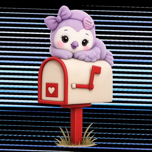 Minnie, a purple plush owl character perched on a red mailbox