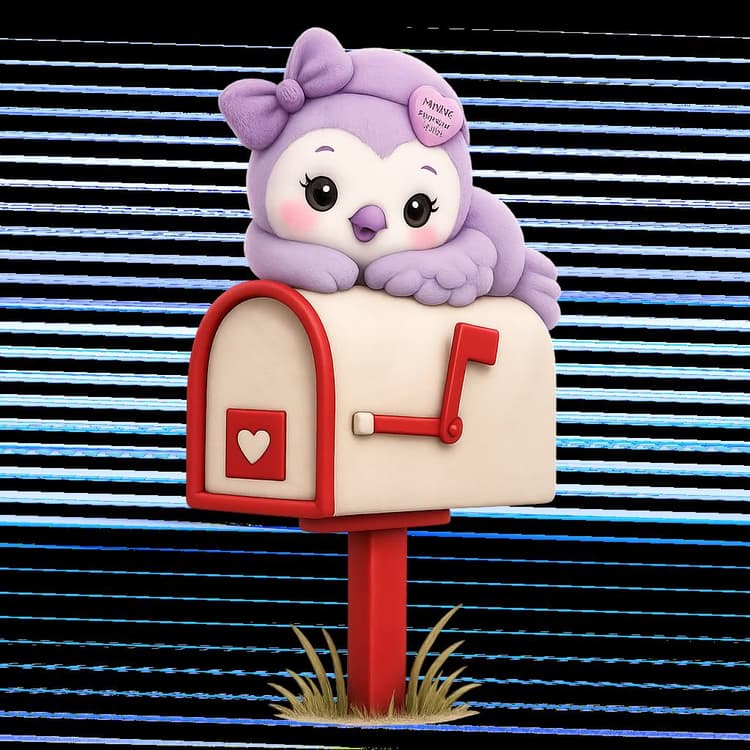 Minnie the purple owl atop a red mailbox